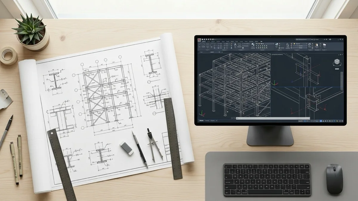 A high-quality photo of structural steel blueprints on a desk next to a computer monitor displaying CAD software.