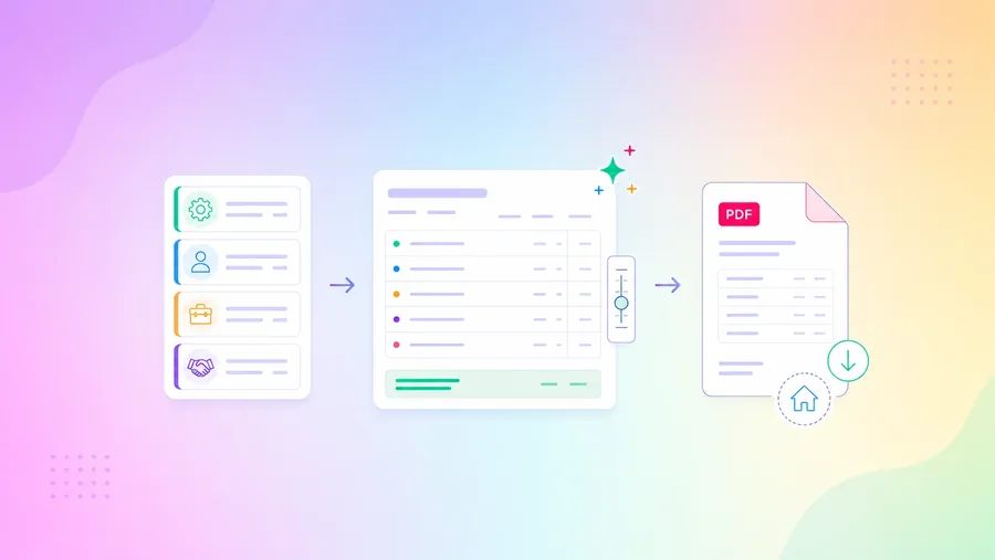 Three-panel workflow showing rate cards feeding into estimate with margin controls and PDF export